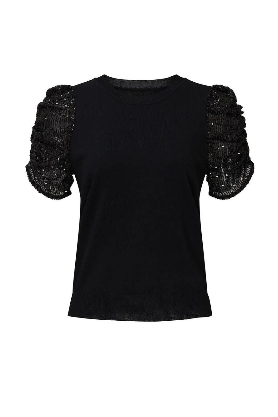 Parker Tash Black Knit Crewneck Sequin Short Sleeve Sweater Top Size Large